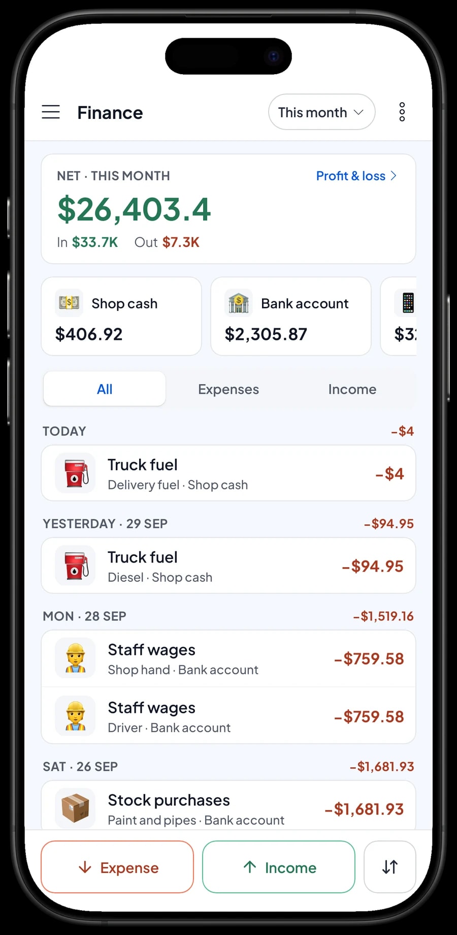 This month's expenses: cement and paint purchases, staff and driver wages, rent, truck fuel and electricity, with net profit