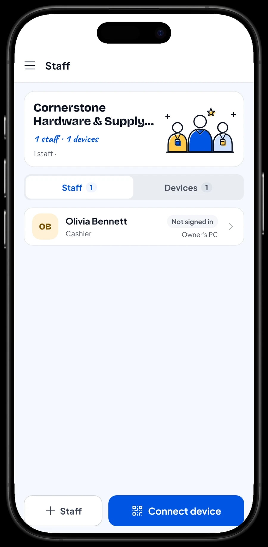 Staff sign-in on a cashier device: pick the staff member, then sign in with a PIN