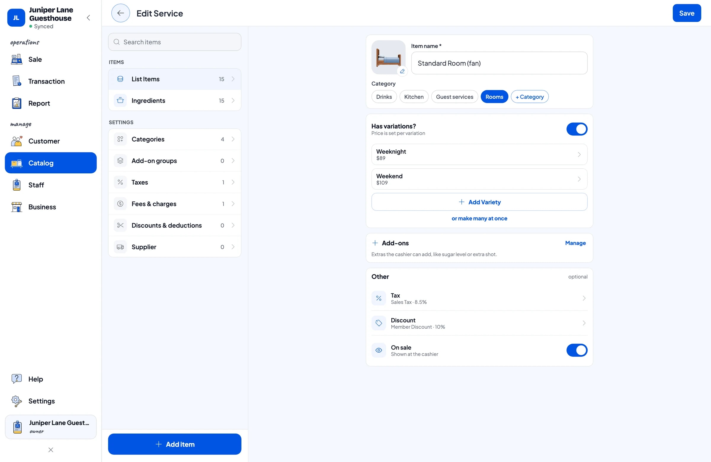Editing Standard Room (fan): Weeknight and Weekend variants, each with its own nightly rate