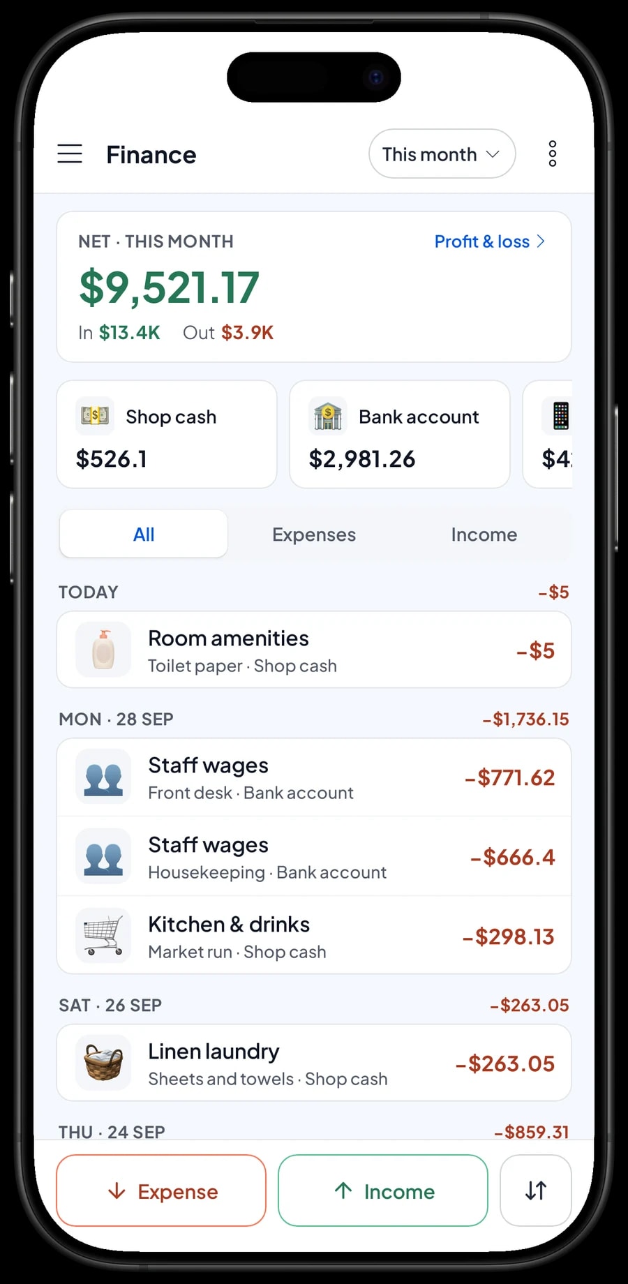 Guesthouse expenses: kitchen and drinks, wages, electricity and water, linen, amenities and booking fees