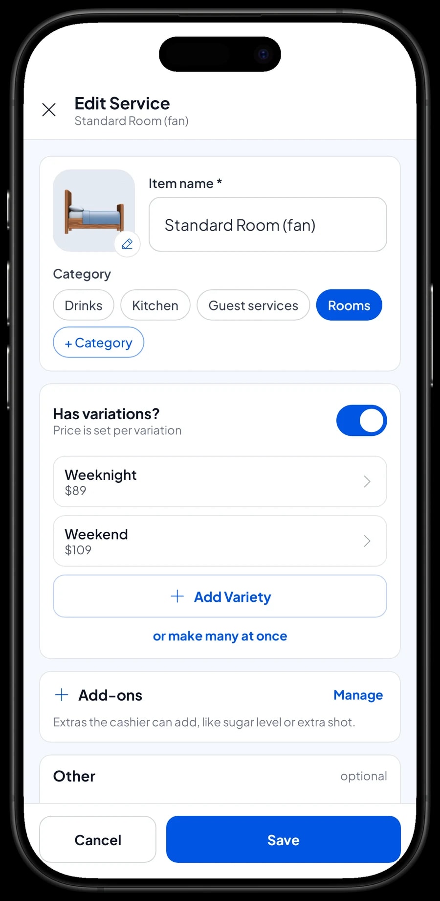 Editing Standard Room (fan): Weeknight and Weekend variants, each with its own nightly rate