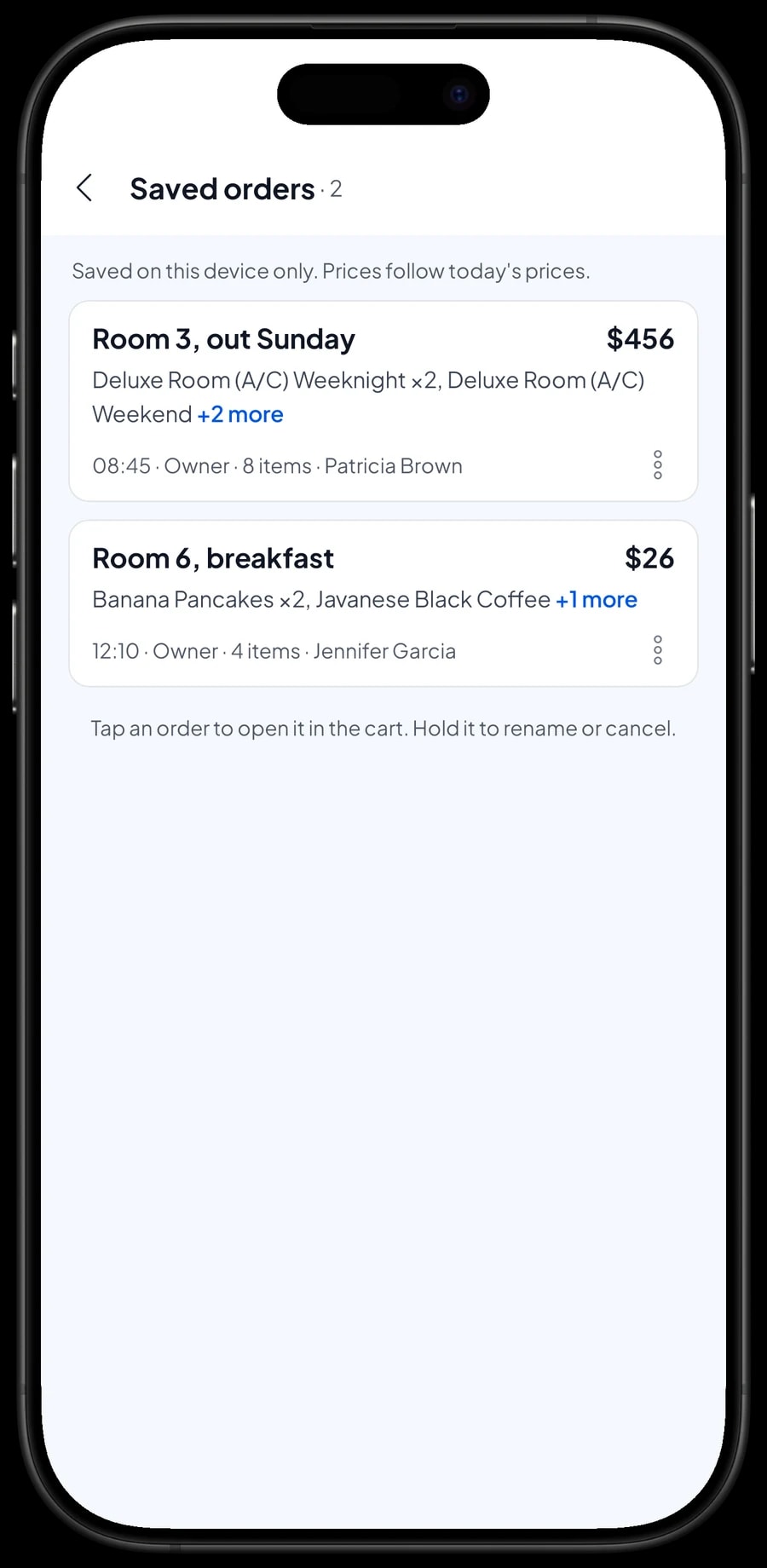Saved orders waiting for payment: Room 3 out Sunday, and Room 6 breakfast added to the room bill