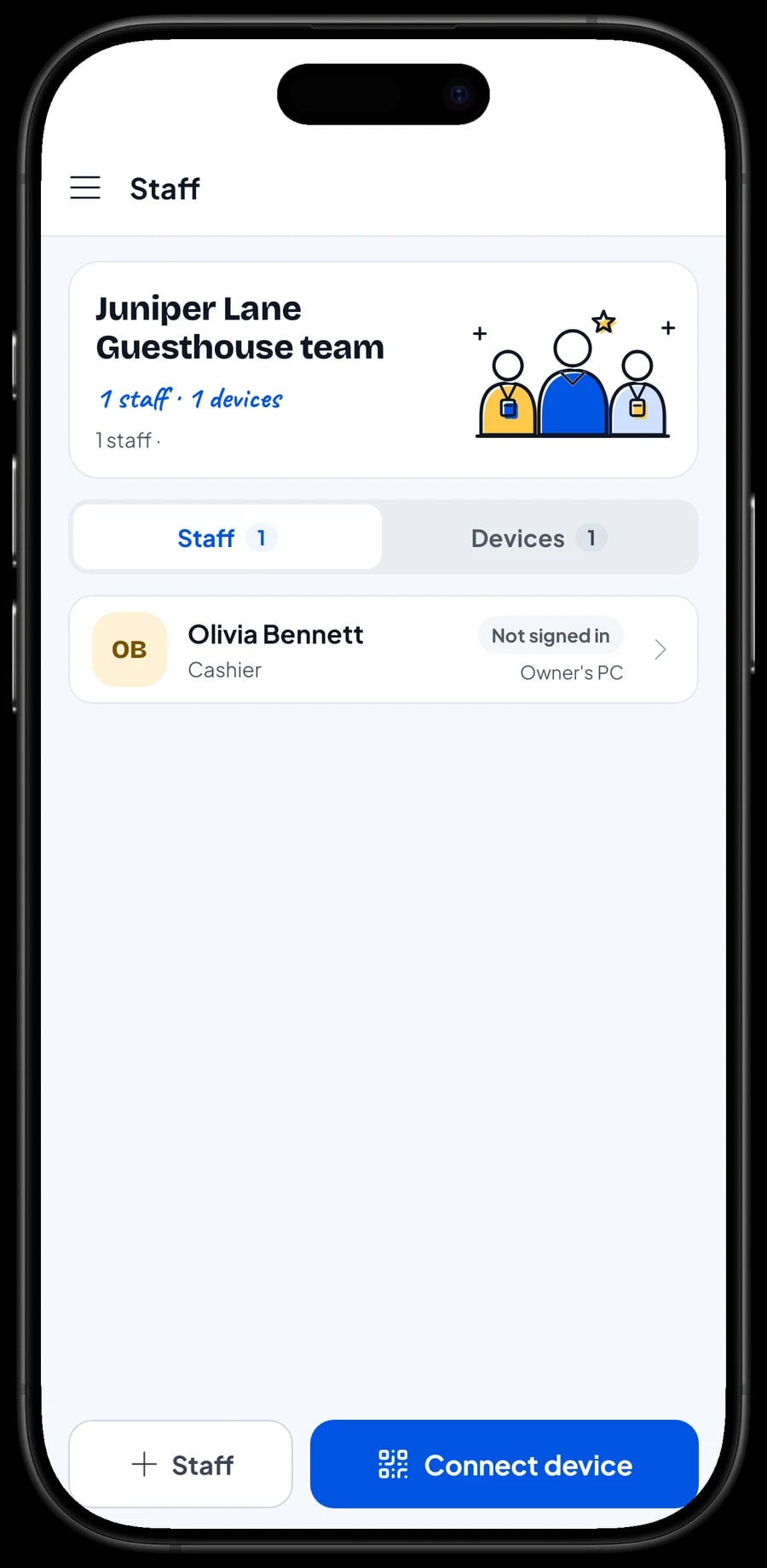 Staff sign-in on a cashier device: pick the staff member, then sign in with a PIN