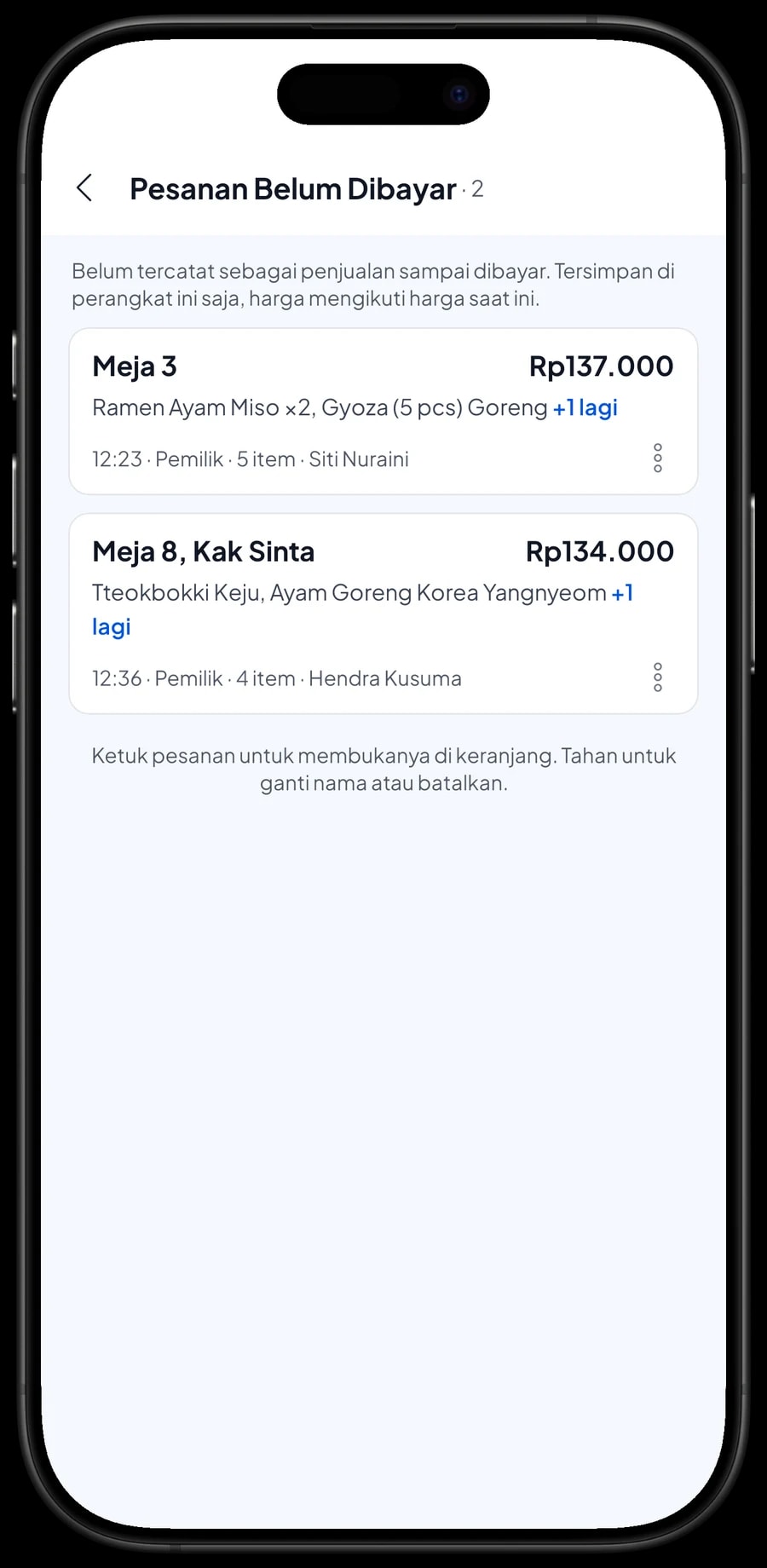 Daftar Pesanan Belum Dibayar Kedai Sakura Seoul: Meja 3 dan Meja 8, Kak Sinta