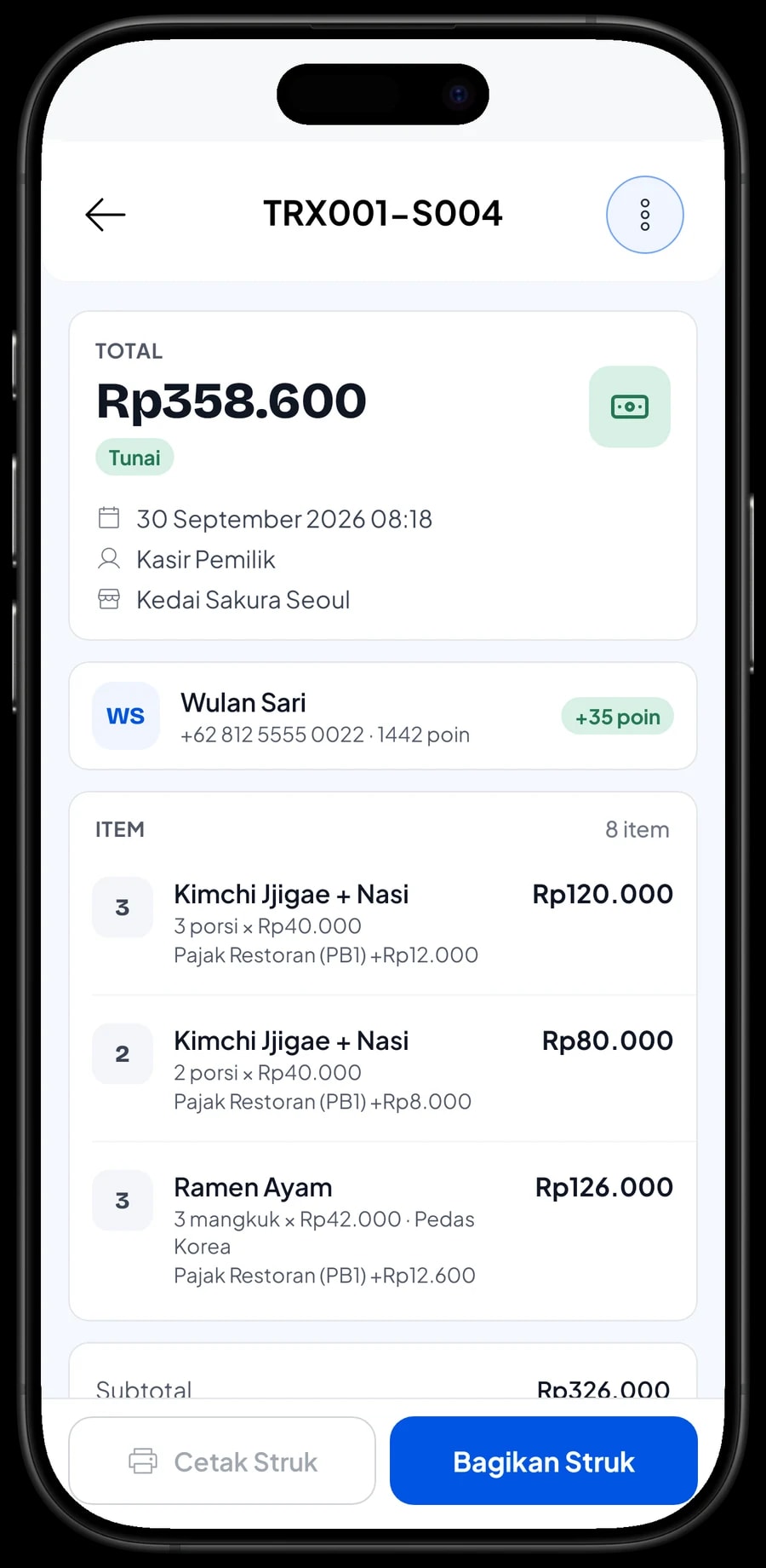 Detail transaksi dengan menu ramen dan Korea, Pajak Restoran (PB1) per menu dan metode bayar