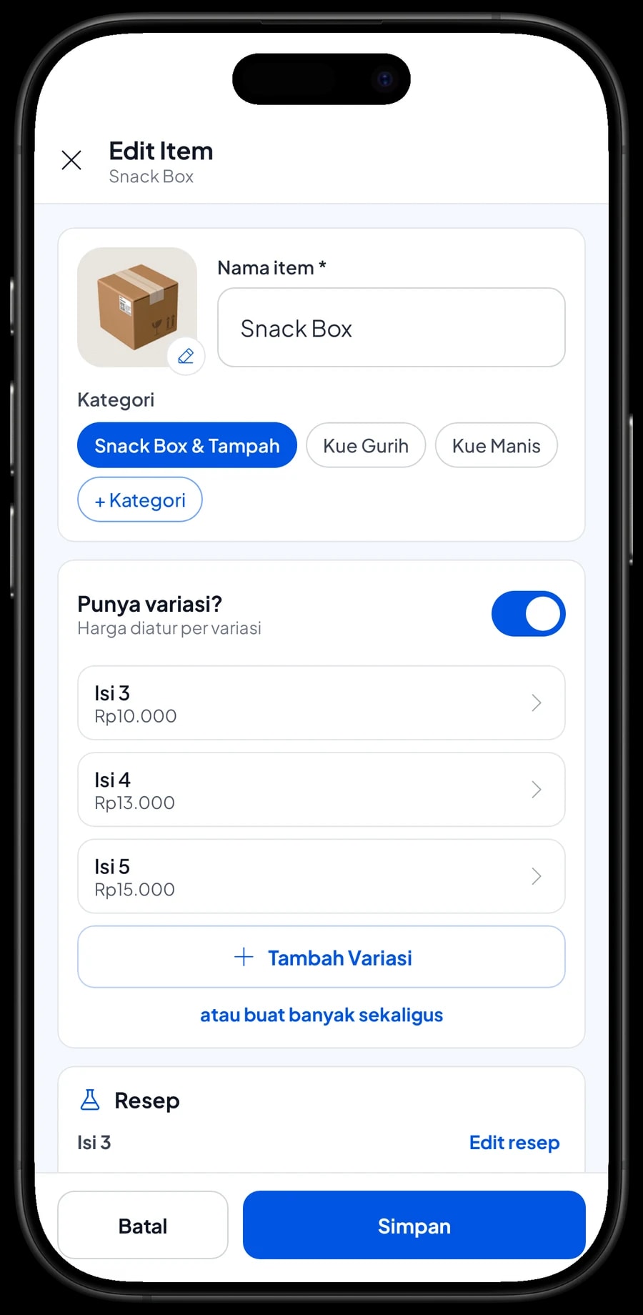 Edit item Snack Box: varian Isi 3, Isi 4 dan Isi 5, masing-masing dengan harga sendiri