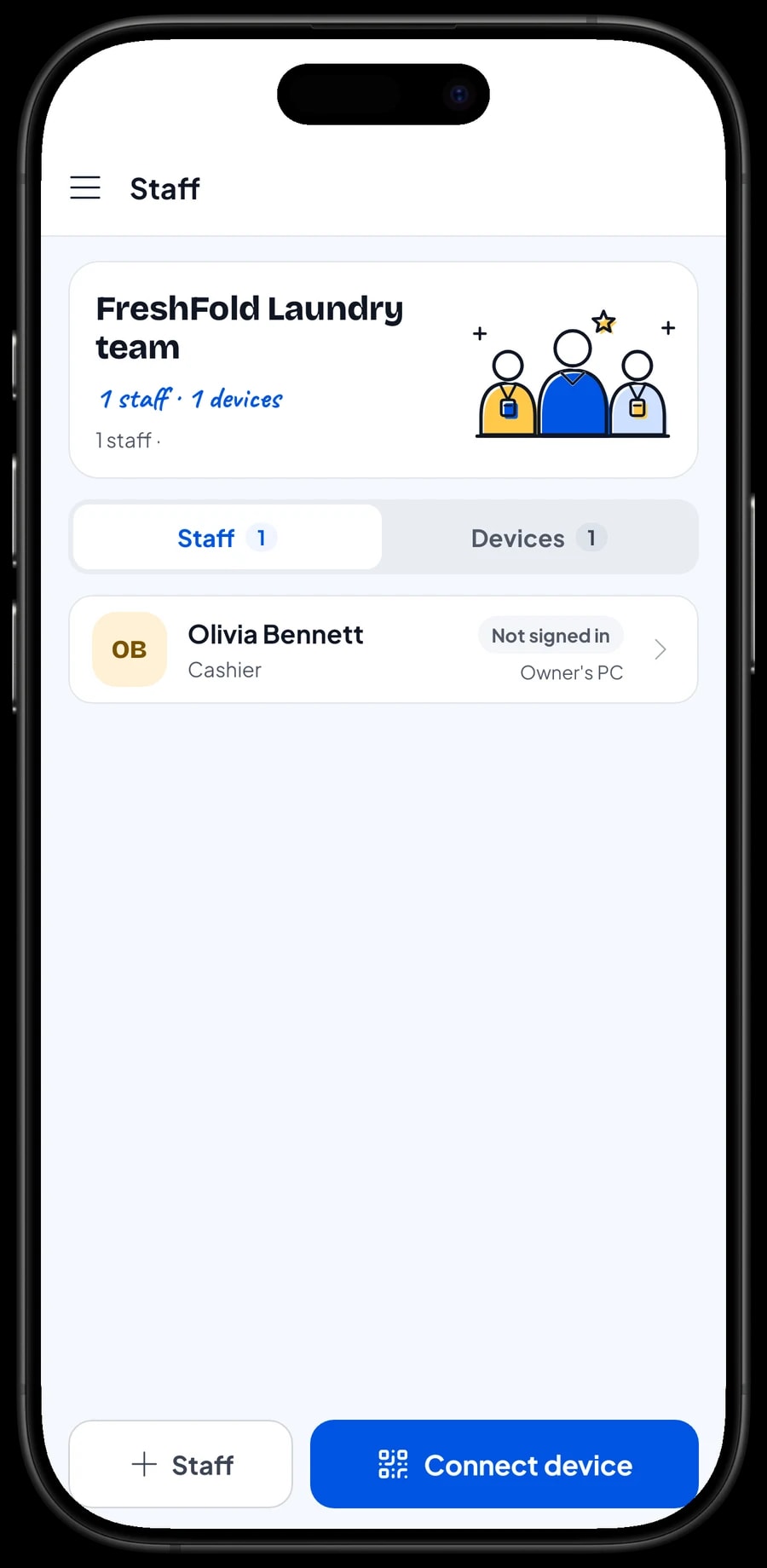Staff sign-in on a cashier device: pick the staff member, then sign in with a PIN