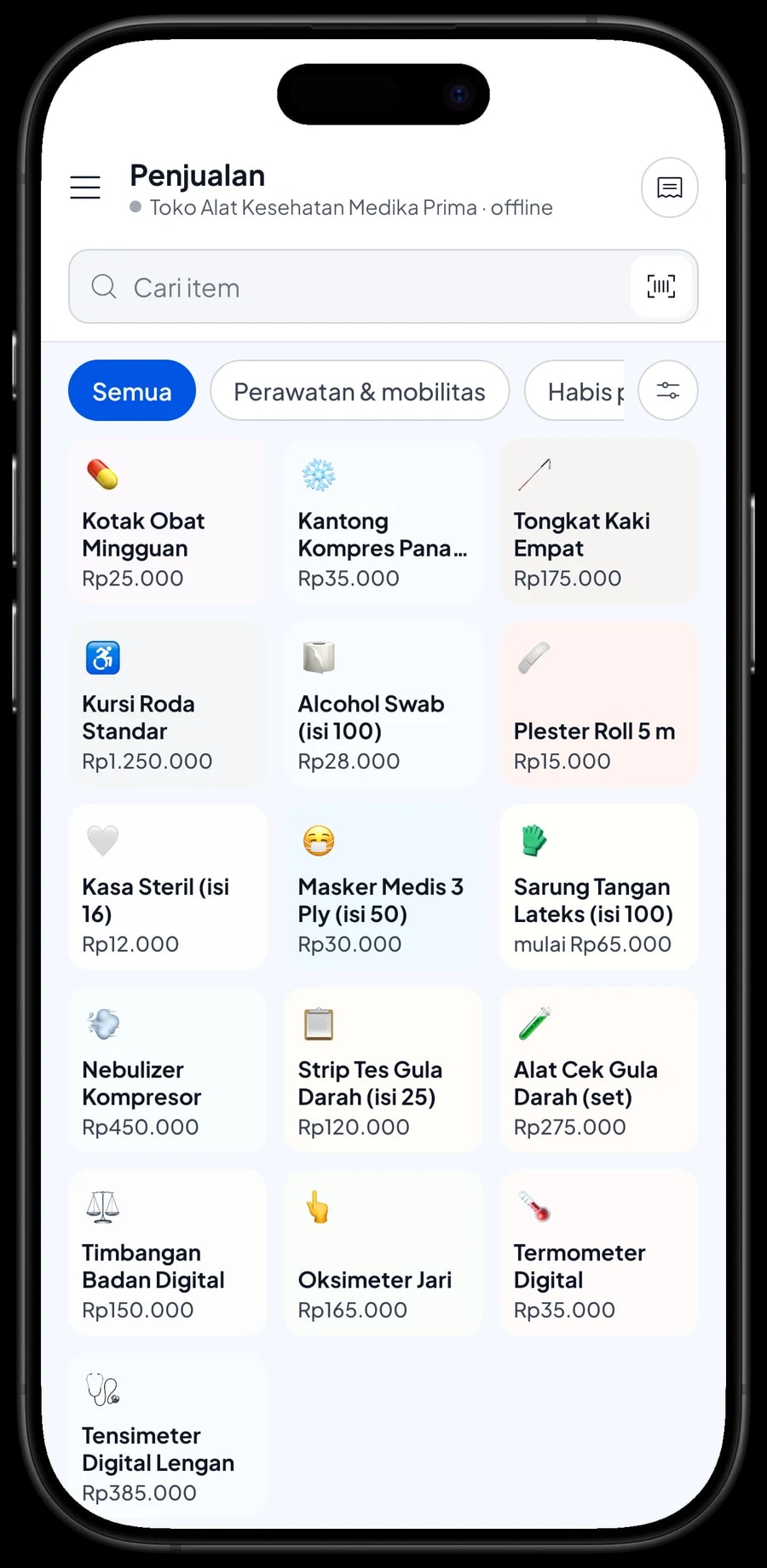 Layar Penjualan Toko Alat Kesehatan Medika Prima dengan kursi roda, tongkat, kompres dan keranjang pelanggan