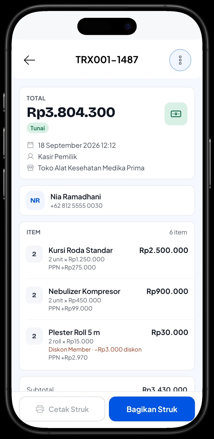 Daftar transaksi dengan detail satu penjualan: produk, PPN, metode pembayaran dan total