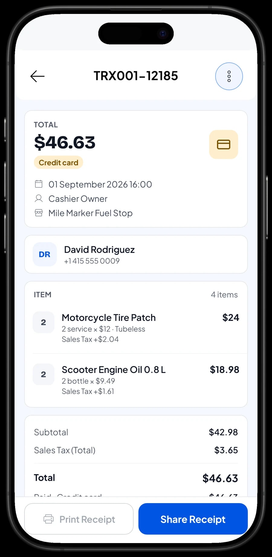 Transaction details at Mile Marker Fuel Stop: fuel by the liter and other items, total and payment method