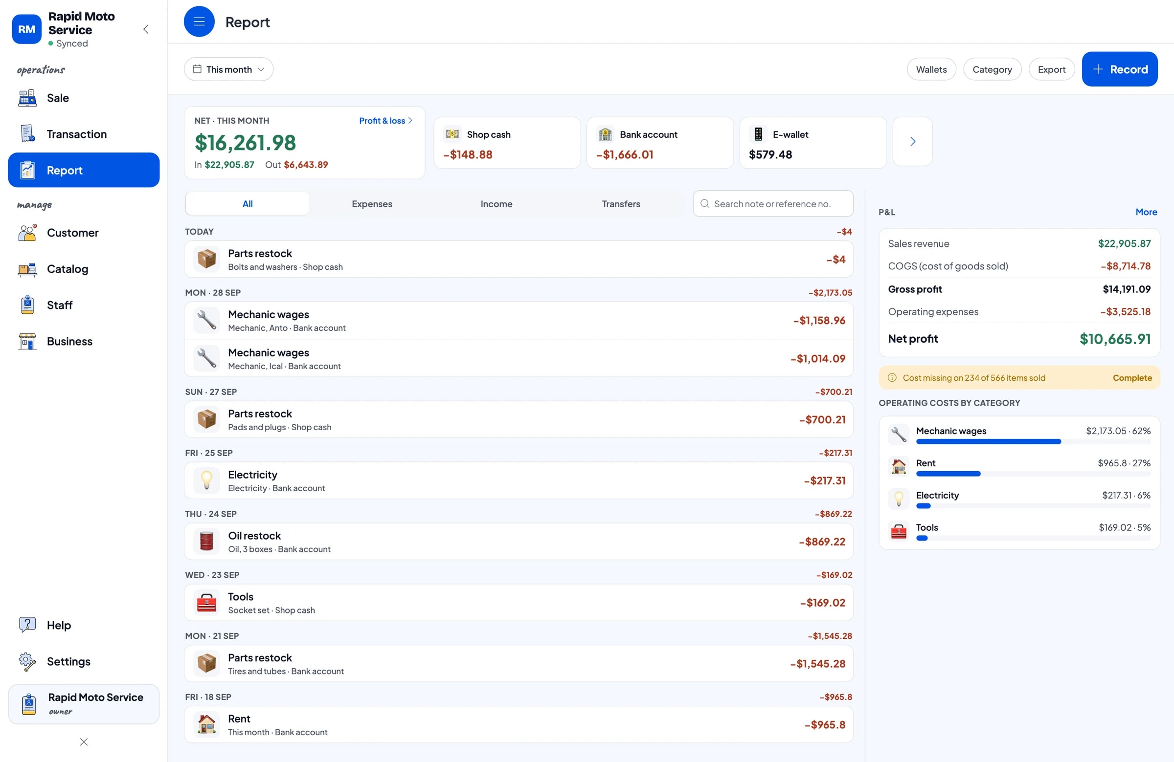 This month's expenses, from tires, pads and oil to wages for mechanics Anto and Ical, with profit