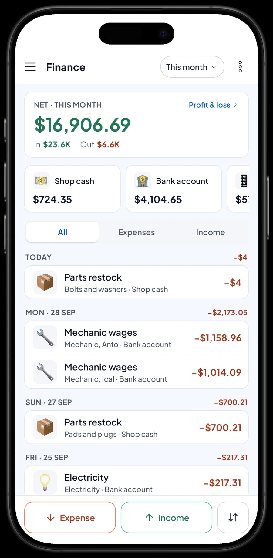 This month's expenses, from tires, pads and oil to wages for mechanics Anto and Ical, with profit