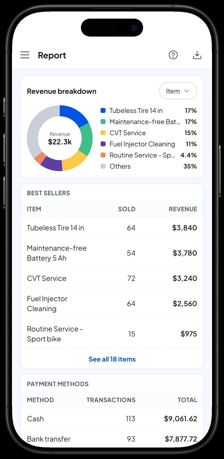 The monthly report for Rapid Moto Service: total revenue, gross profit and the top labor and parts