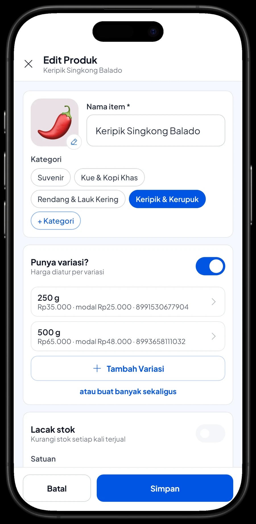 Edit item Keripik Singkong Balado: varian 250 g dan 500 g, masing-masing dengan harga sendiri
