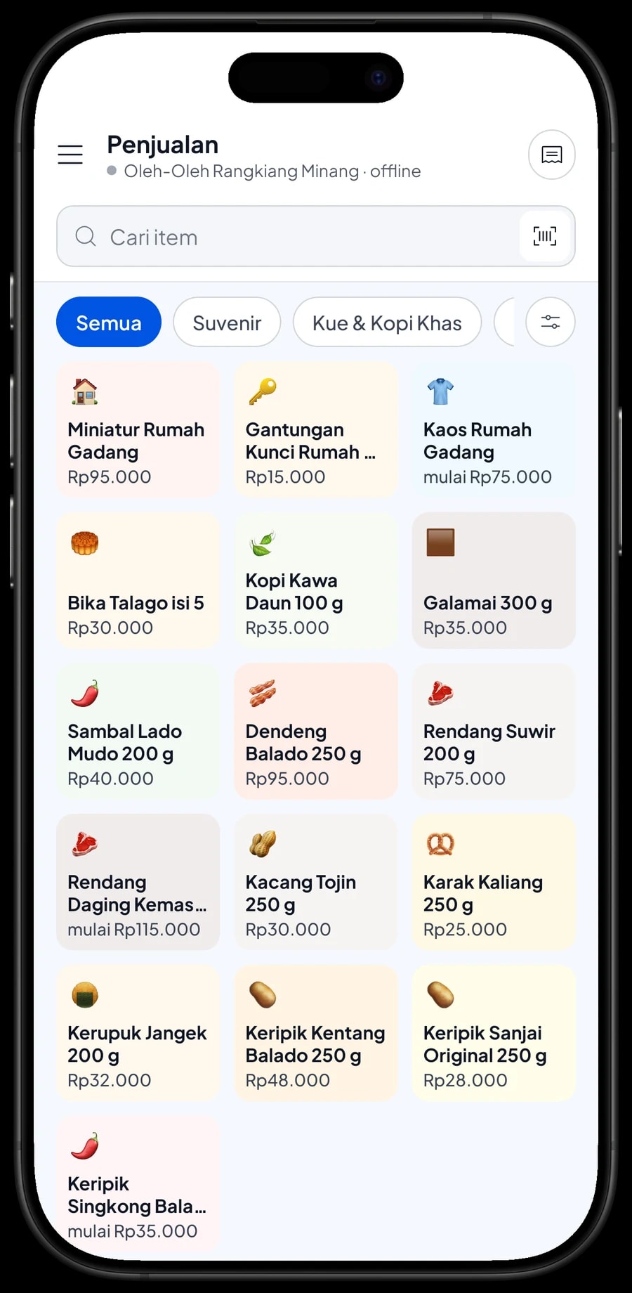 Layar Penjualan Oleh-Oleh Rangkiang Minang dengan keripik, rendang, kue khas dan suvenir