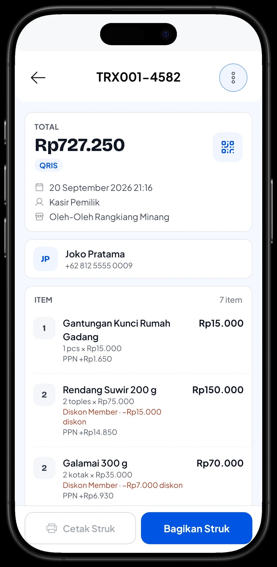 Detail transaksi Oleh-Oleh Rangkiang Minang: produk yang dibeli, PPN, metode bayar dan total