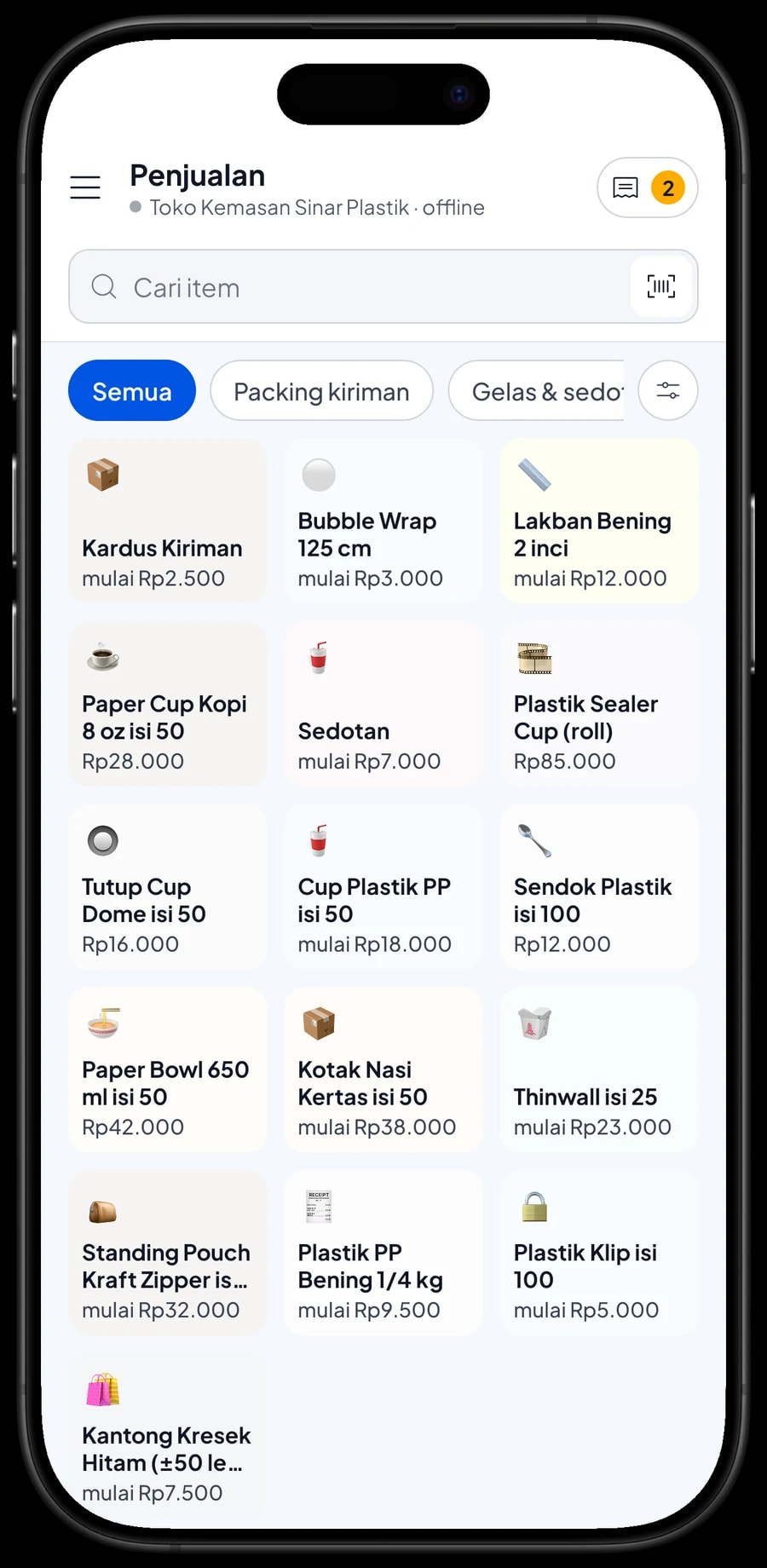 Layar Penjualan Toko Kemasan Sinar Plastik dengan kategori kantong plastik, wadah makanan, cup dan packing, serta keranjang