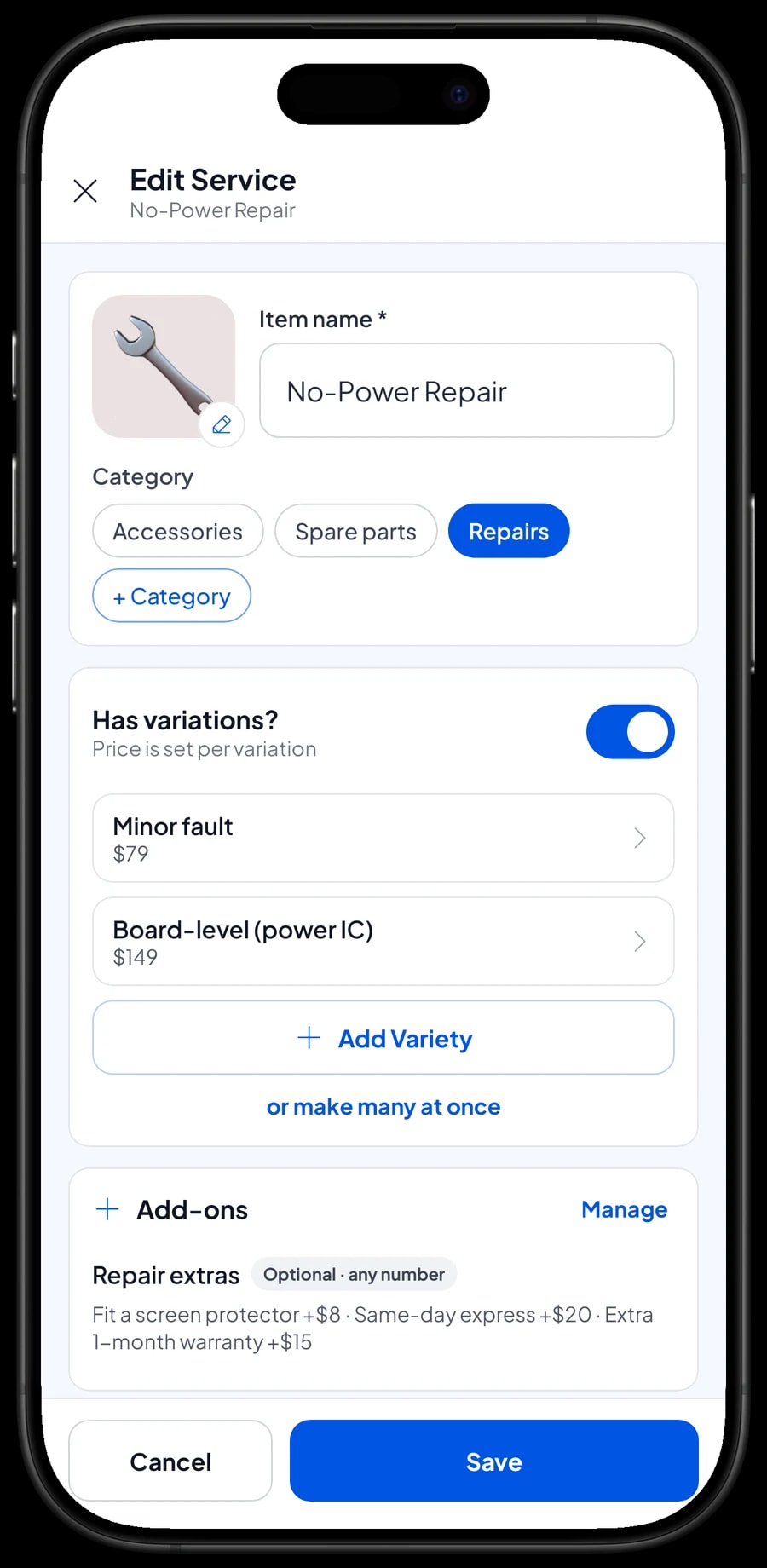 Editing No-Power Repair with Minor fault and Board-level (power IC) variants, each with its own price
