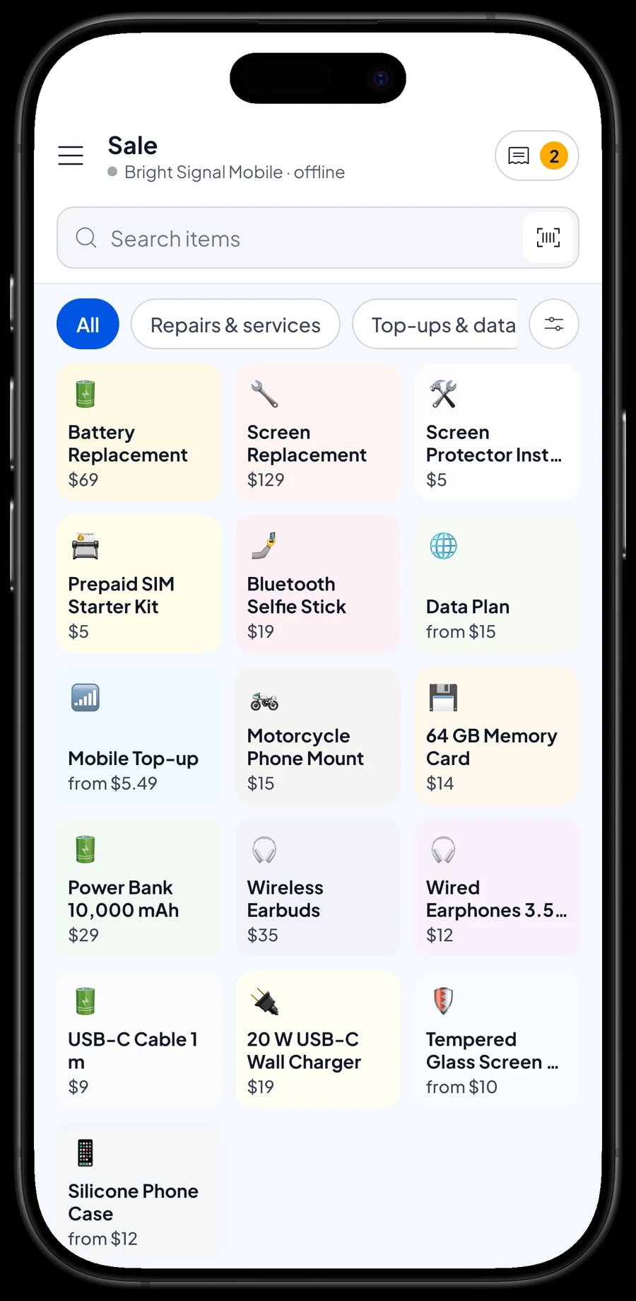 The Bright Signal Mobile Sale screen with Accessories, Top-ups & data and Repairs, and a cart ready to pay