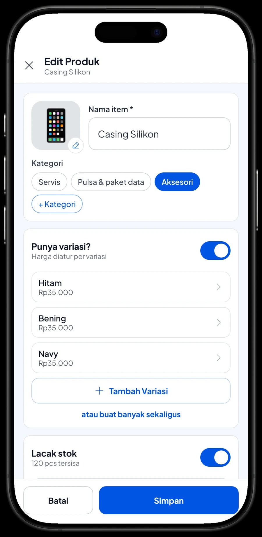 Edit item Casing Silikon dengan varian warna Hitam, Bening dan Navy, masing-masing dengan harganya