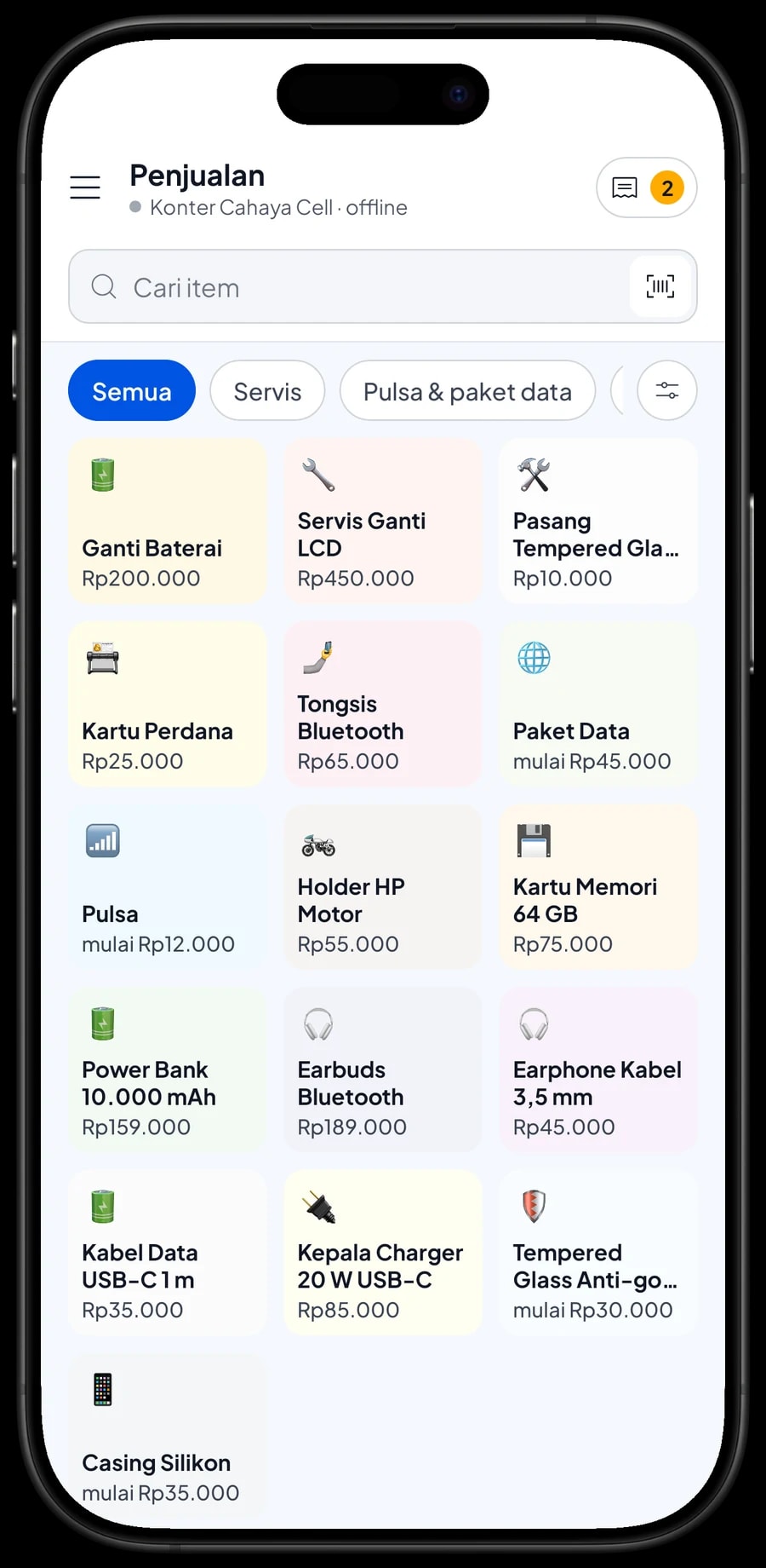Layar Penjualan Konter Cahaya Cell dengan kategori Aksesori, Pulsa & paket data, Servis, dan keranjang siap dibayar
