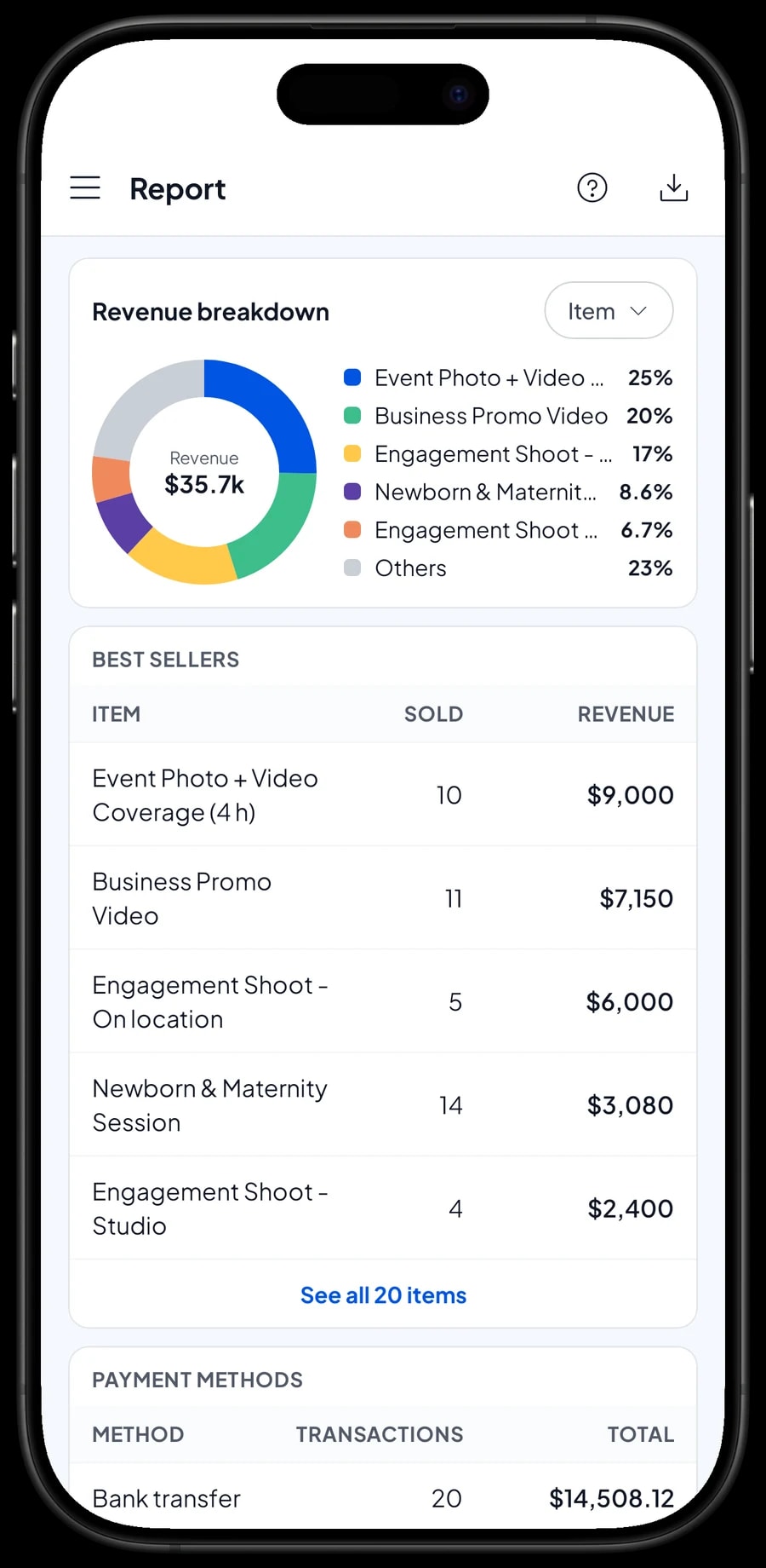 Brightframe Studio's monthly report: total revenue, the daily chart and top-selling packages