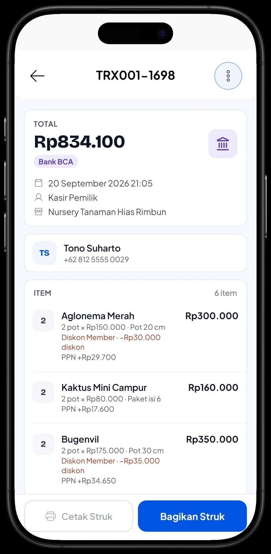 Detail satu transaksi nursery: tanaman yang dibeli, varian ukuran pot, PPN dan metode pembayaran
