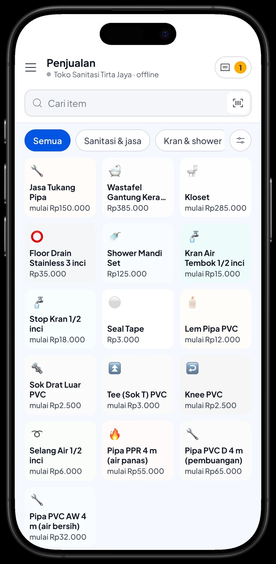 Layar Penjualan Toko Sanitasi Tirta Jaya dengan Kran Air Tembok plastik dan Kloset Jongkok di keranjang