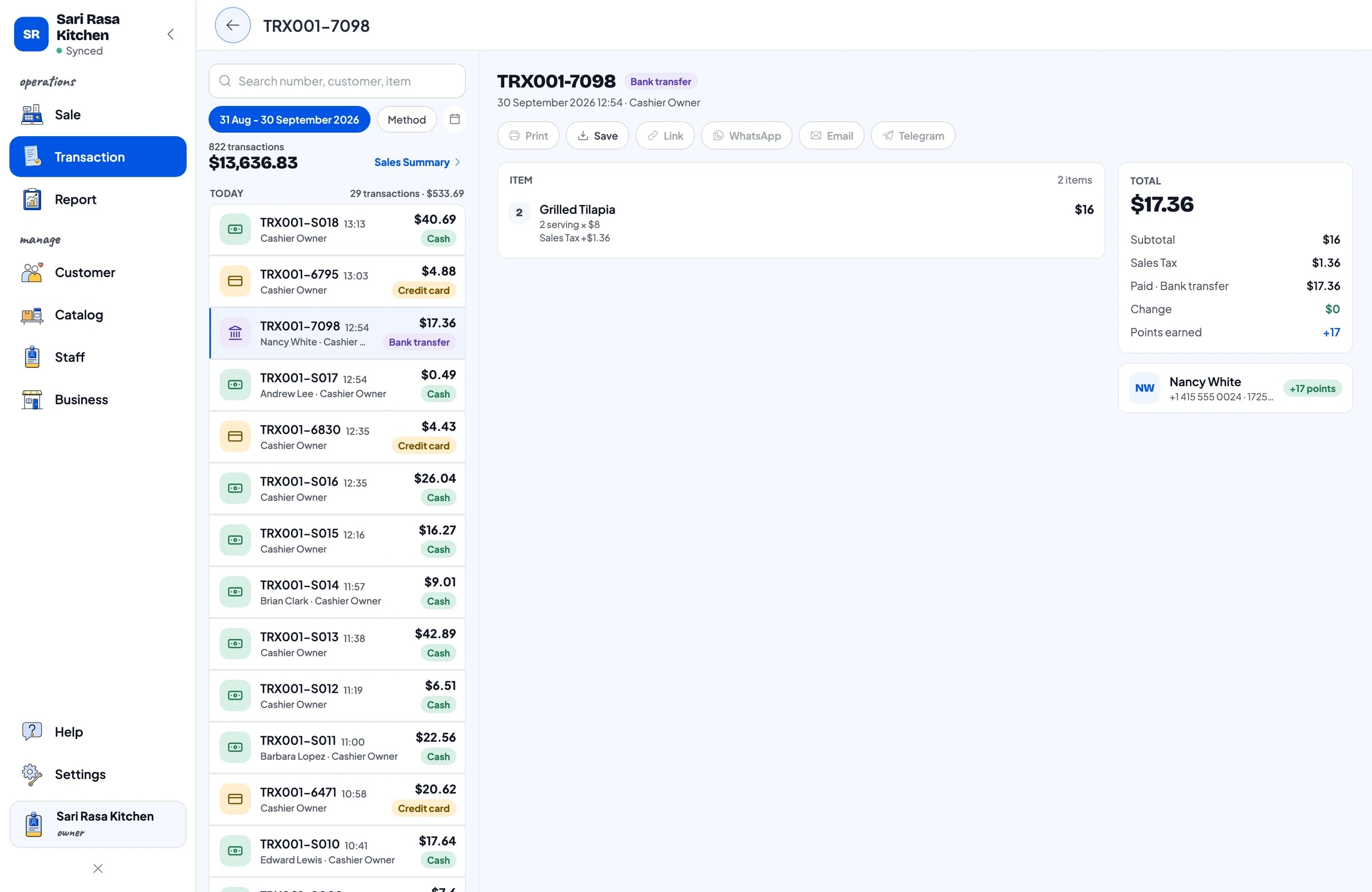 Transaction list with one sale open: dishes, sales tax, payment method and points earned