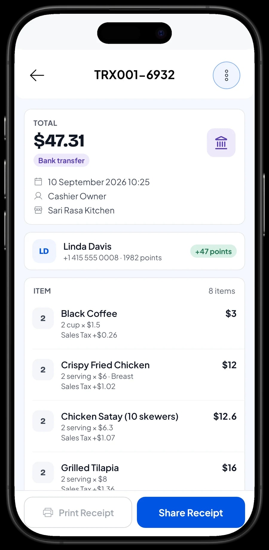Transaction list with one sale open: dishes, sales tax, payment method and points earned