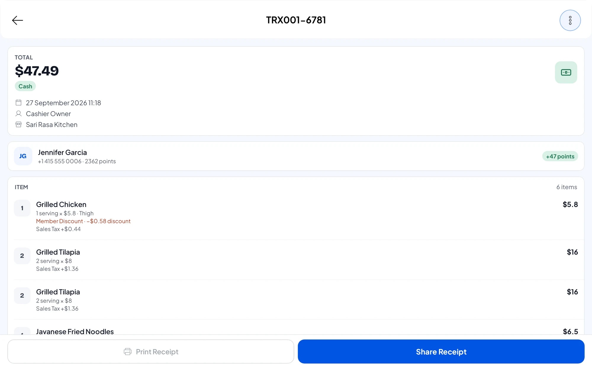 Transaction list with one sale open: dishes, sales tax, payment method and points earned