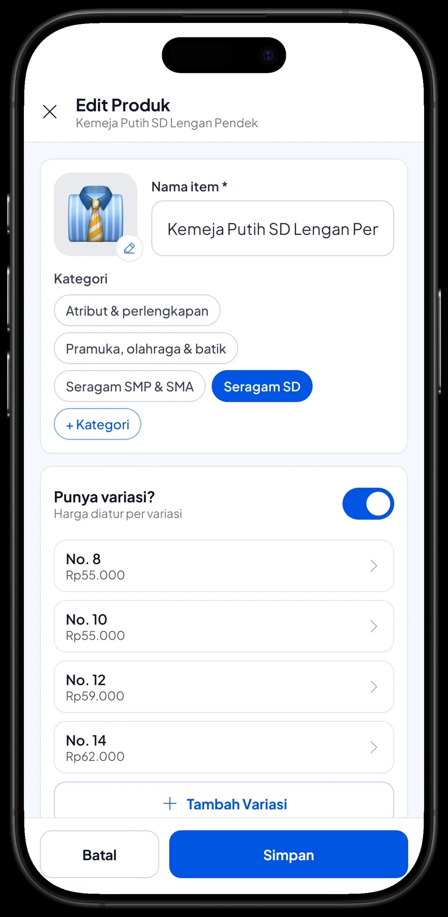 Edit item Kemeja Putih SD Lengan Pendek: No. 8 dan 10 Rp55.000, No. 12 Rp59.000, No. 14 Rp62.000