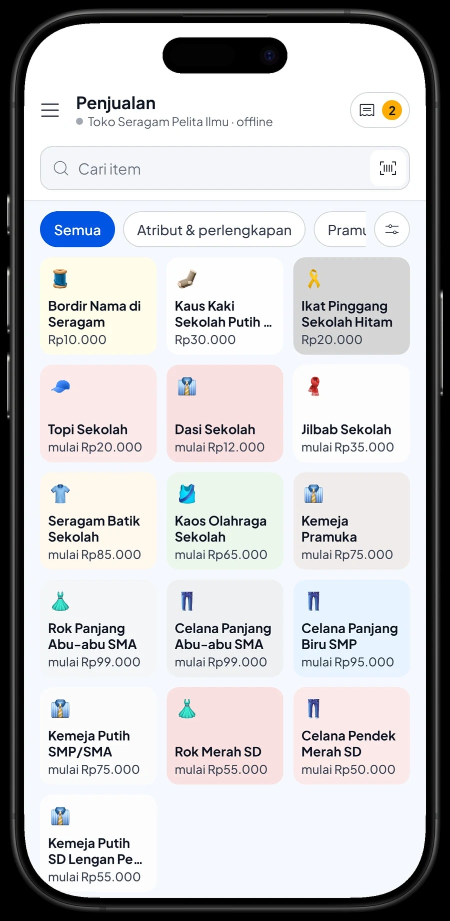 Layar Penjualan Toko Seragam Pelita Ilmu dengan tab per jenjang dan keranjang untuk Budi Santoso