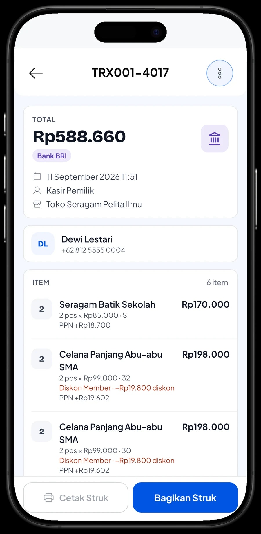 Daftar transaksi dengan detail satu penjualan seragam: barang per nomor, PPN dan metode bayar