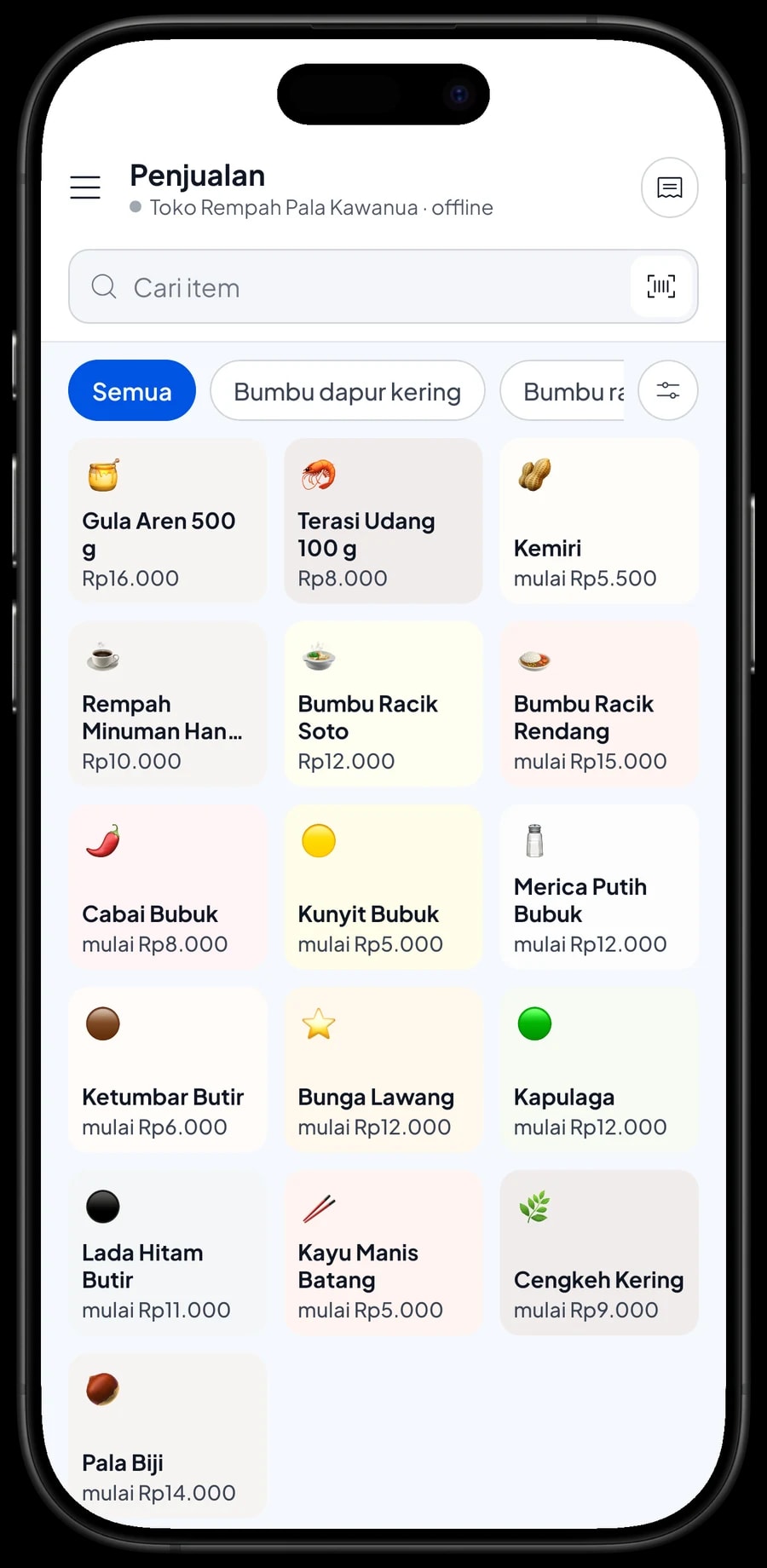 Layar Penjualan Toko Rempah Pala Kawanua dengan kategori rempah utuh, bubuk dan bumbu racik, serta keranjang pembeli
