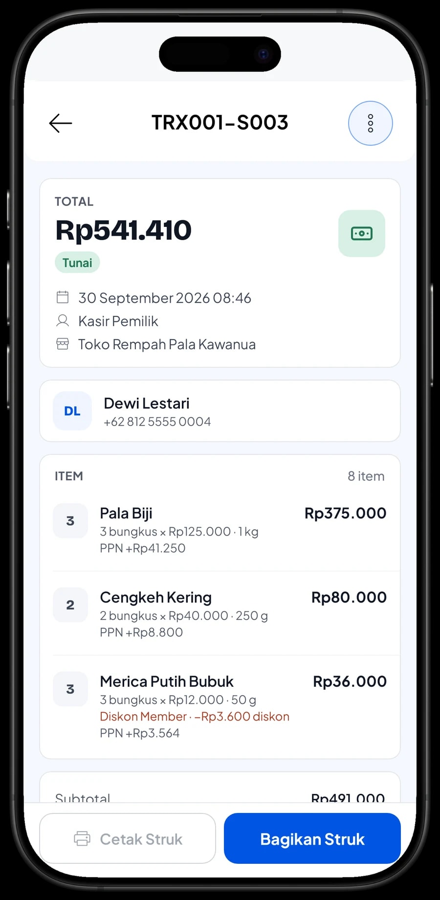 Detail transaksi Toko Rempah Pala Kawanua: rempah per ukuran bungkus, PPN, total dan metode pembayaran