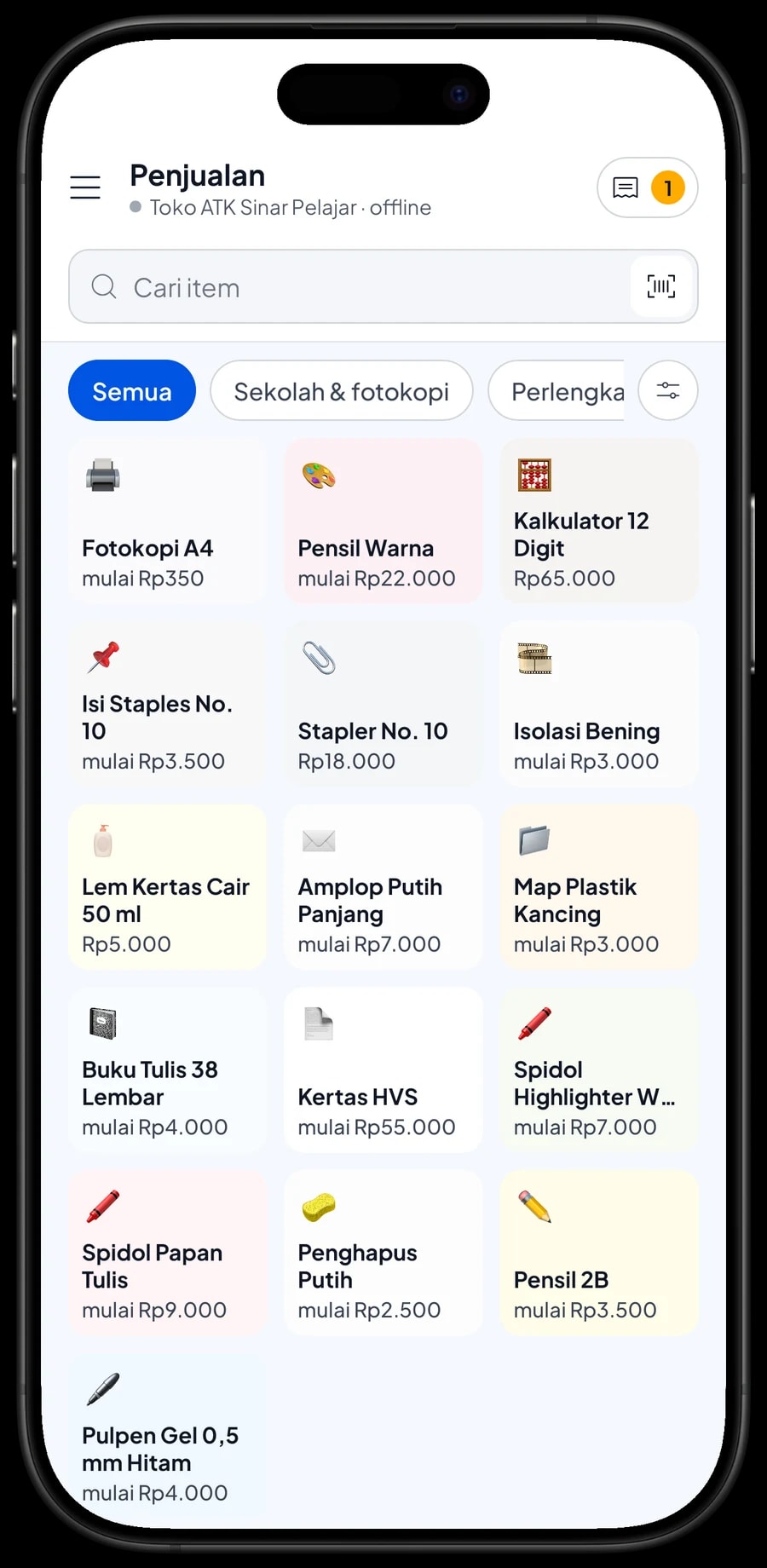Layar Penjualan Toko ATK Sinar Pelajar dengan tab Alat tulis, Kertas & buku dan Perlengkapan kantor