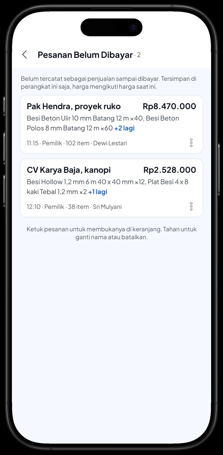 Pesanan Belum Dibayar: Pak Hendra, proyek ruko, dan CV Karya Baja, kanopi, yang diambil sore