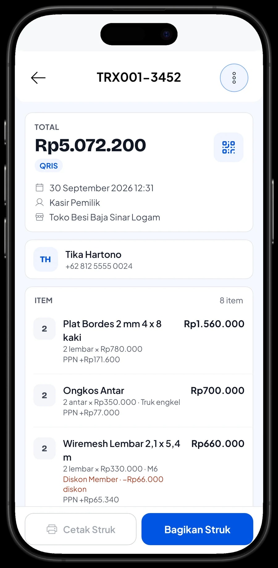 Detail transaksi: reng baja ringan, besi beton ulir 12 mm per kg dan jasa potong, dengan diskon member dan PPN