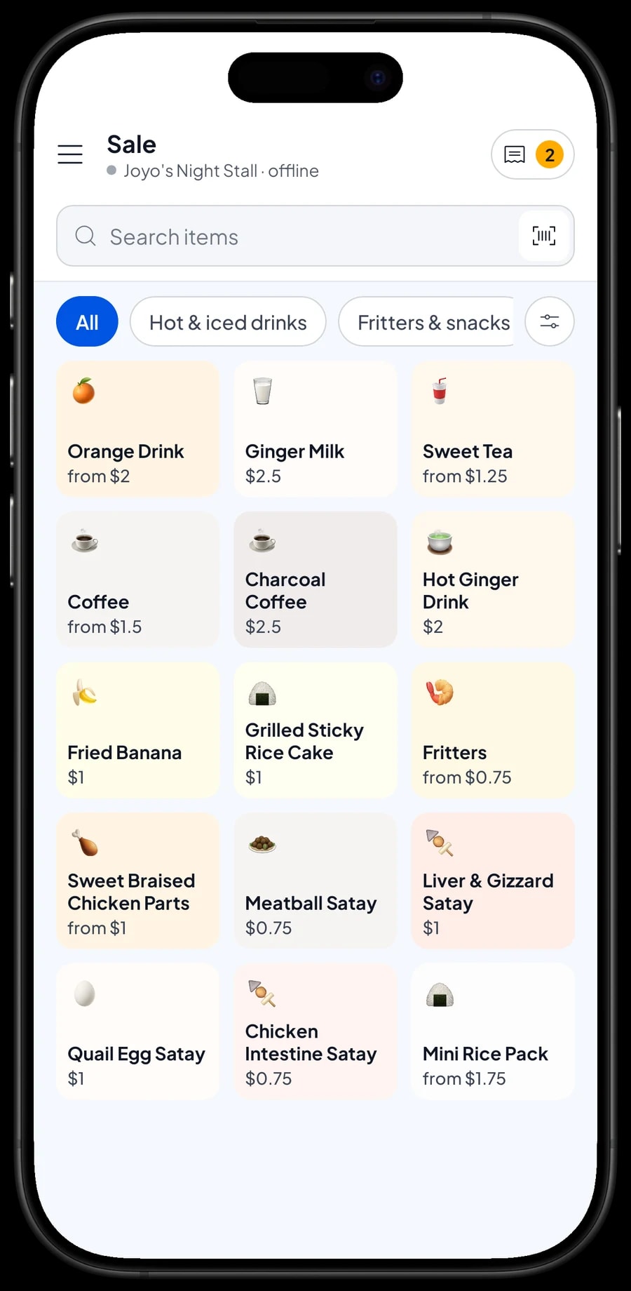 The sale screen on the Hot & iced drinks tab: orange drink, ginger milk, sweet tea, coffee and charcoal coffee