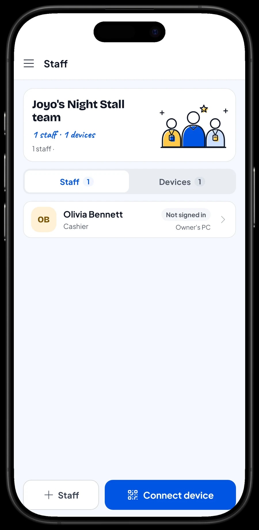 Staff sign-in on a cashier device: pick the staff member, then sign in with a PIN