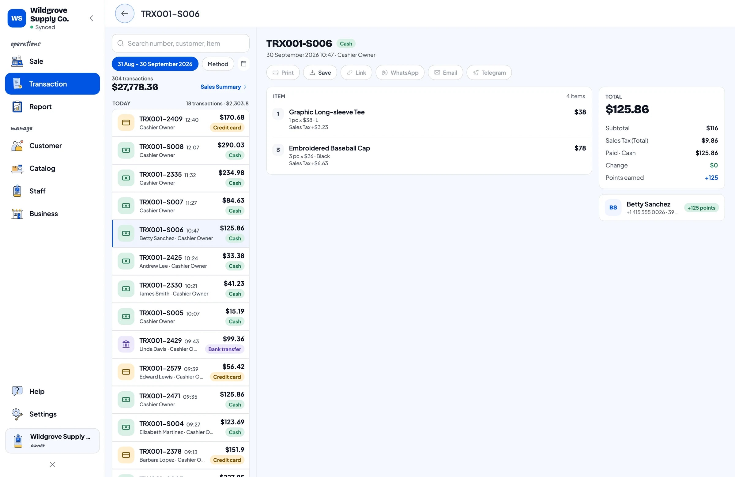 The transaction list with one sale opened: items, sales tax, payment method and points earned