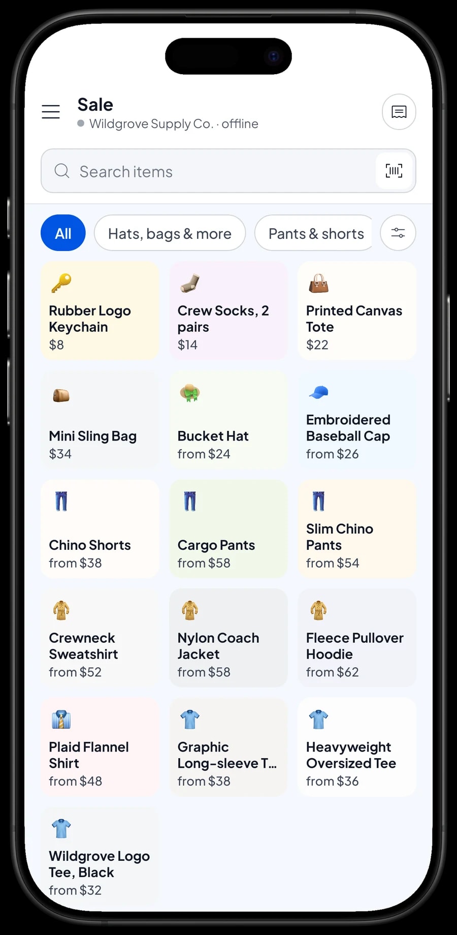 The Sale screen at Wildgrove Supply Co. with category tabs and a cart for Budi Santoso