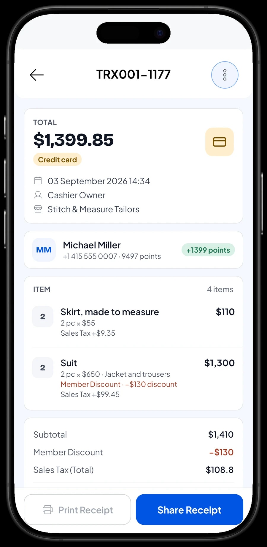 The transaction list with one Stitch & Measure sale open: items, sales tax, payment method and points