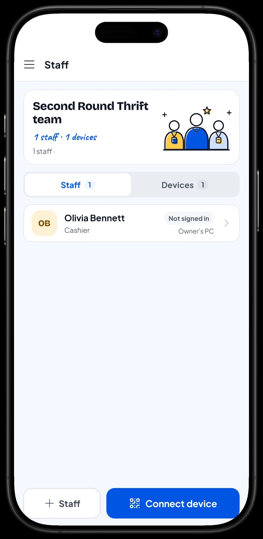 Staff sign-in on a cashier device: pick the staff member, then sign in with a PIN