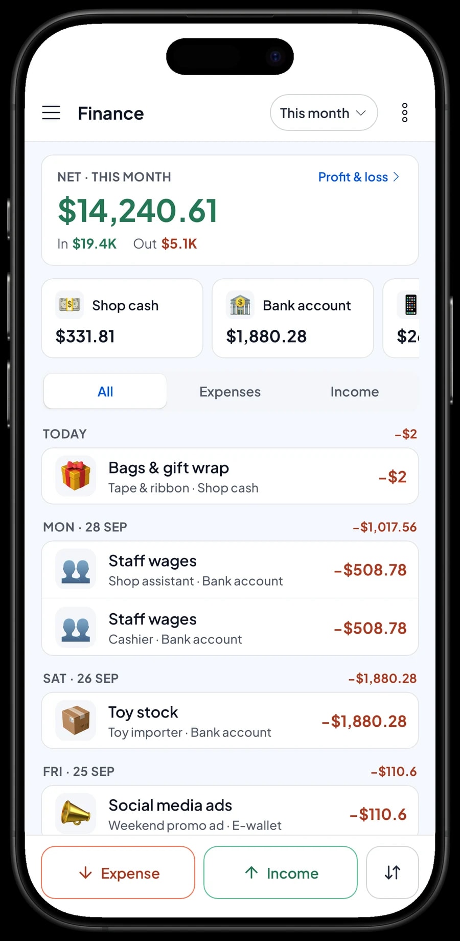 This month's expenses, including the toy importer, plush stock, wages, rent and gift paper, with net profit