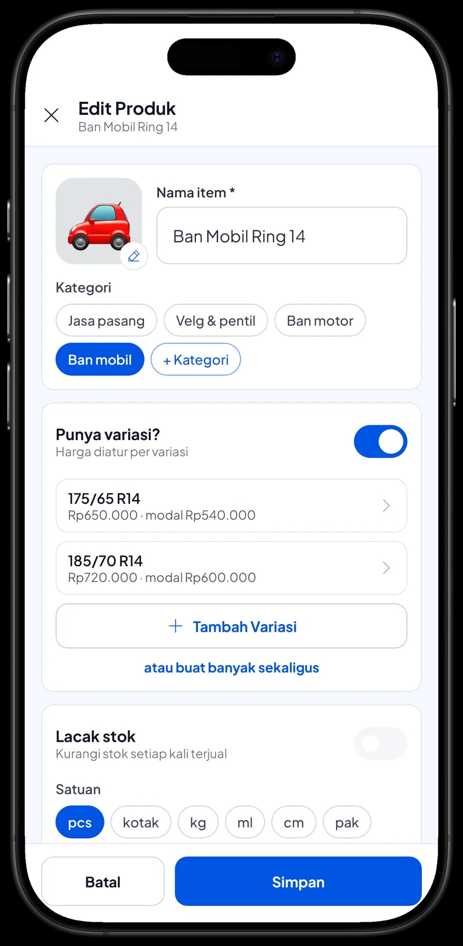 Edit item Ban Mobil Ring 14 dengan varian ukuran 175/65 R14 dan 185/70 R14, masing-masing dengan harga sendiri