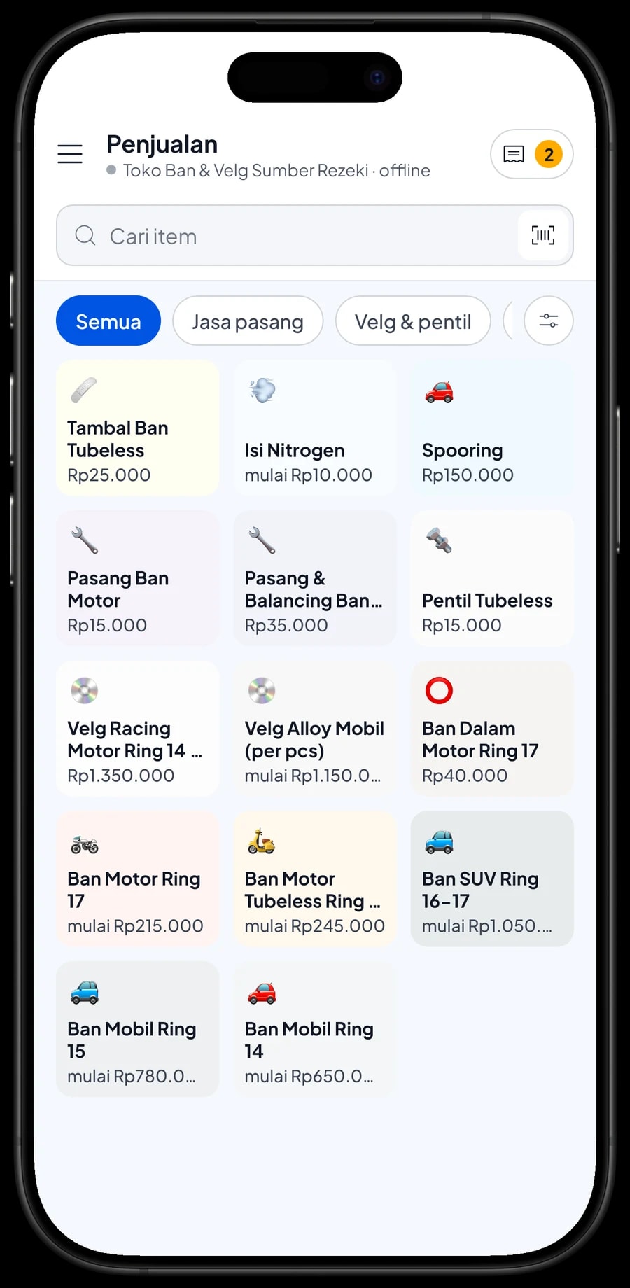 Layar Penjualan toko ban dengan ban mobil, ban motor, velg dan jasa pasang beserta harganya