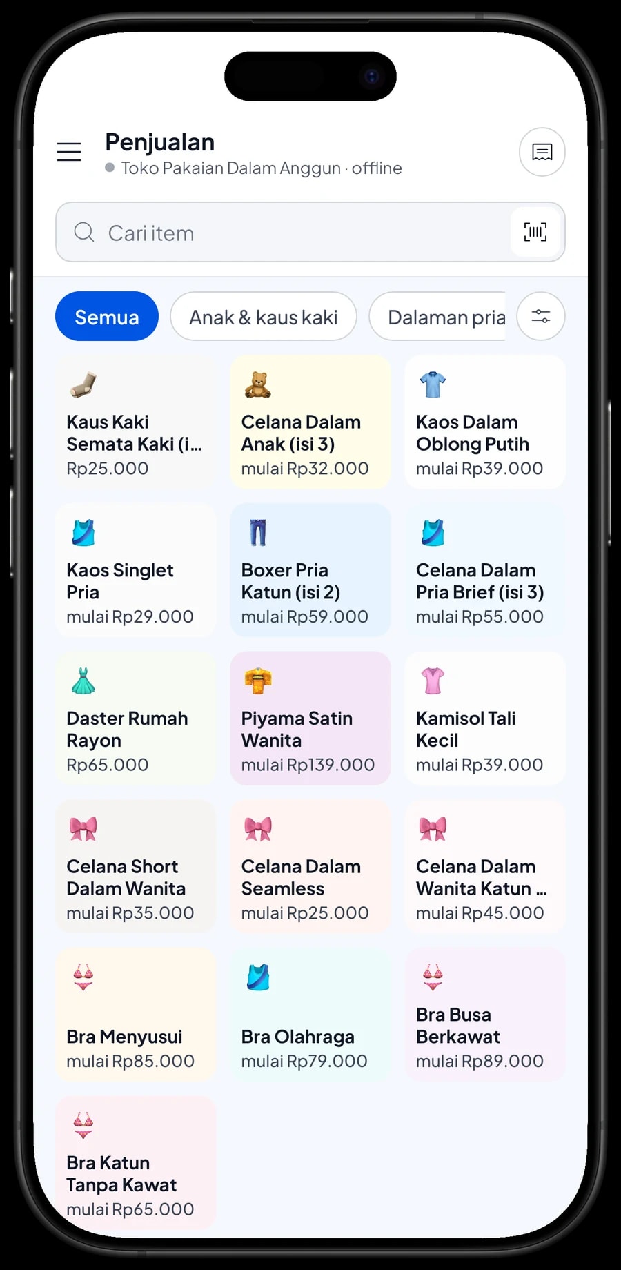 Layar Penjualan Toko Pakaian Dalam Anggun dengan tab kategori dan keranjang untuk pelanggan Budi Santoso