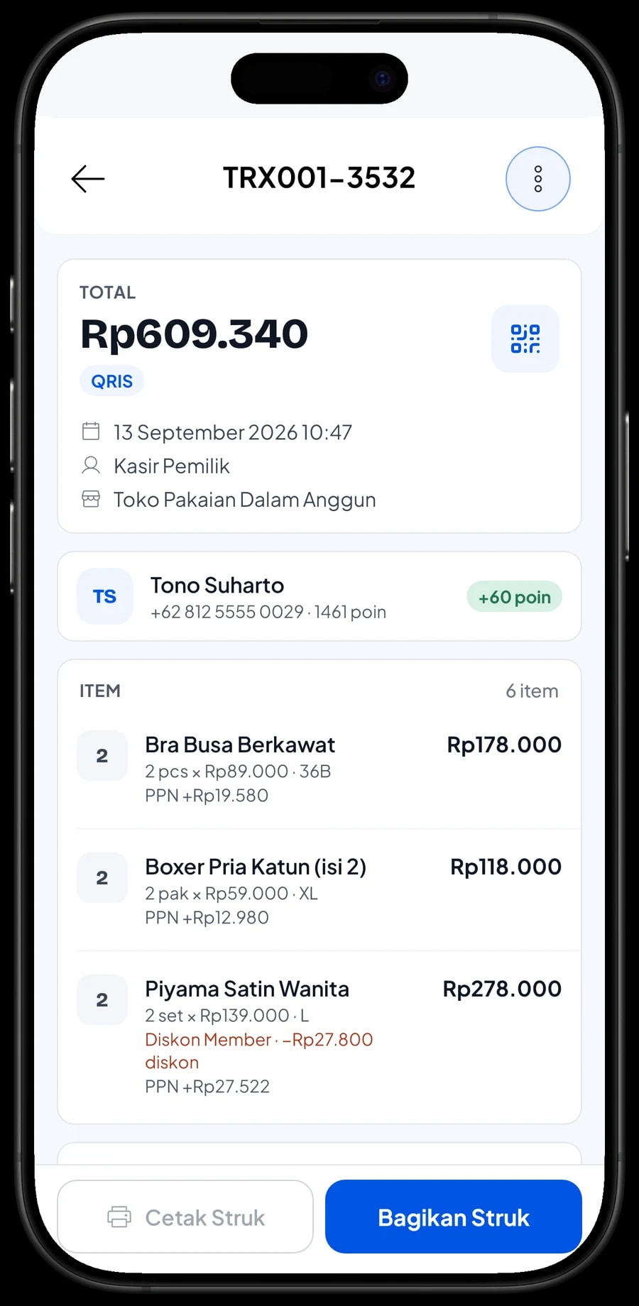Daftar transaksi dengan detail satu penjualan: barang, PPN dan metode pembayaran